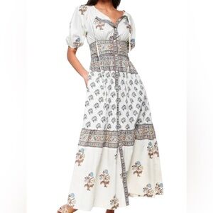Hannah Camilla Ellipse Cotton Blockprint Puff Sleeve Tie Neck Maxi Dress